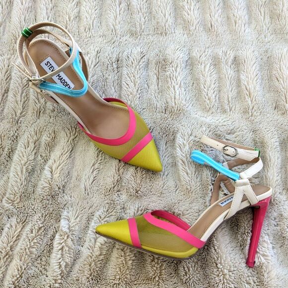 NWOT Steve Madden AFORD Yellow Multicolor Mesh Toe Stiletto Ankle Strap Heel, 7 - Picture 15 of 15